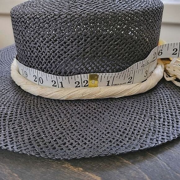 Vtg rafia sunflower band black straw sun hat - Picture 8 of 10